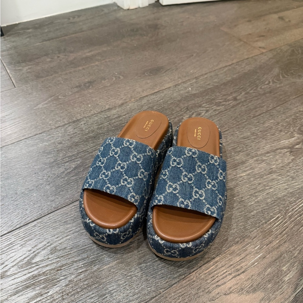 Gucci Denim Blue Monogram Slides